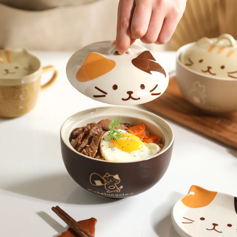 

Japanese Cute Cat Cover Bowl Ceramic Soup Bowl Kawaii Instant Noodle Ramen Salad Baby Bowls Child Cartoon Decorative Dinnerware