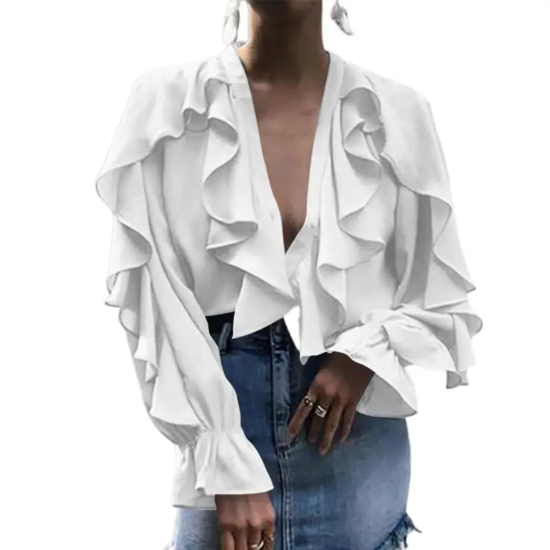 

Women Blouses Celmia 2021 Summer Ruffled Stylish Top Sexy V Neck Long Sleeve Shirt Female Casual Buttons Sweet Blusas