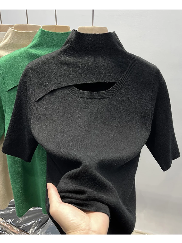 

Women T Shirt Hollow Out Solid Casual Tee Shirt Femme Half Sleeve Turtleneck Slim Thin Summer New Fashion Tops FW4230