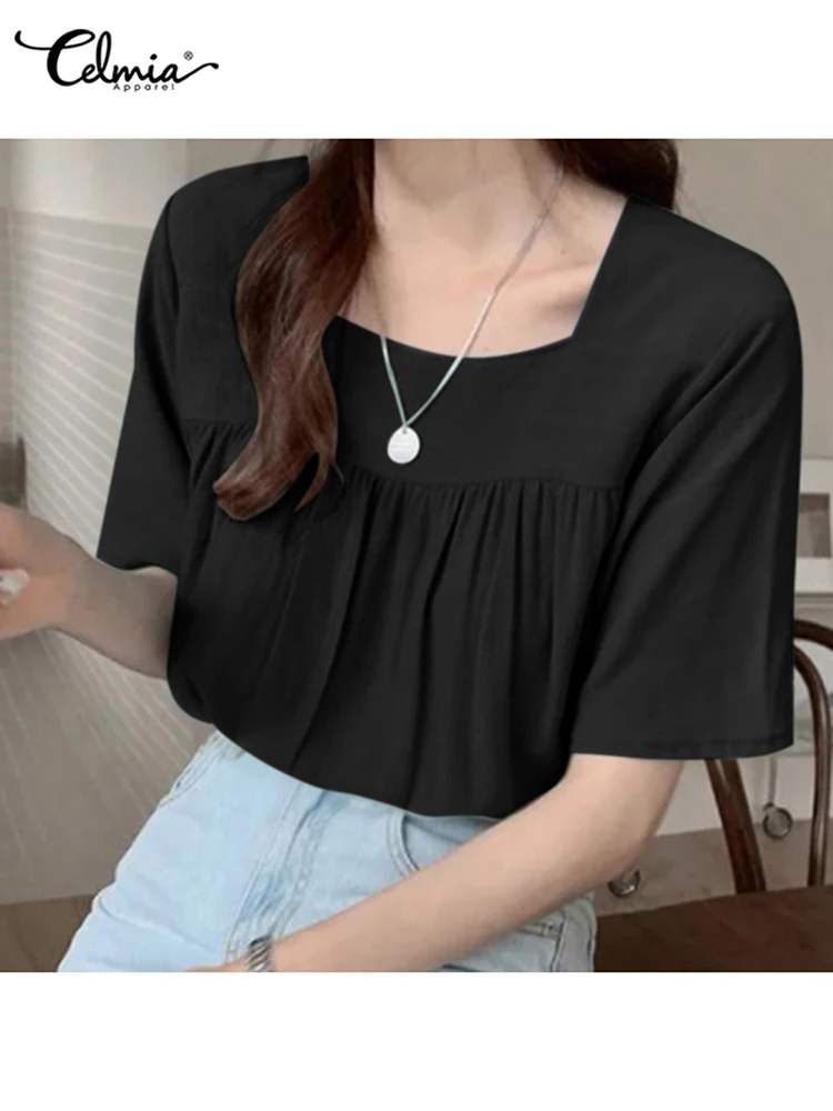 

Блузка Celmia женская с квадратным вырезом, элегантная хлопковая Милая модная дышащая рубашка с коротким рукавом, со складками, на лето