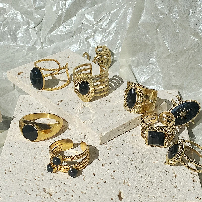 

Bohemian Gold Color Open Ring Natural Stones Opal Open Ring Geometric Hollow for Women Men Vintage Elegant Girl Party Jewelry