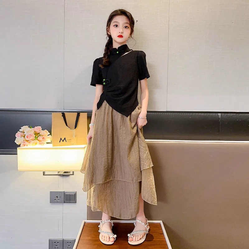 Girls Summer Wind 2023New Trendy Cheongsam Loose Coat Slim Fit Foreign Style Comfortable Skirt Two-Piece Suit Zara Kids Clothing