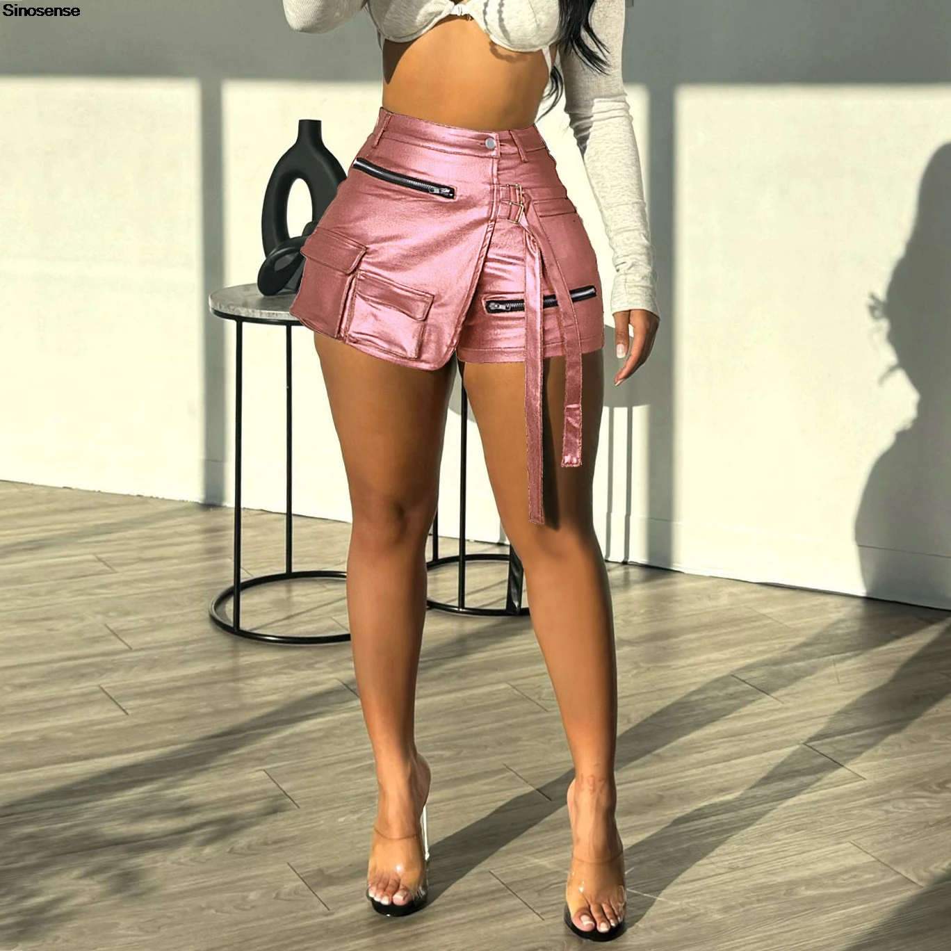 Женские Асимметричные шорты-карго из ПУ кожи с высокой талией