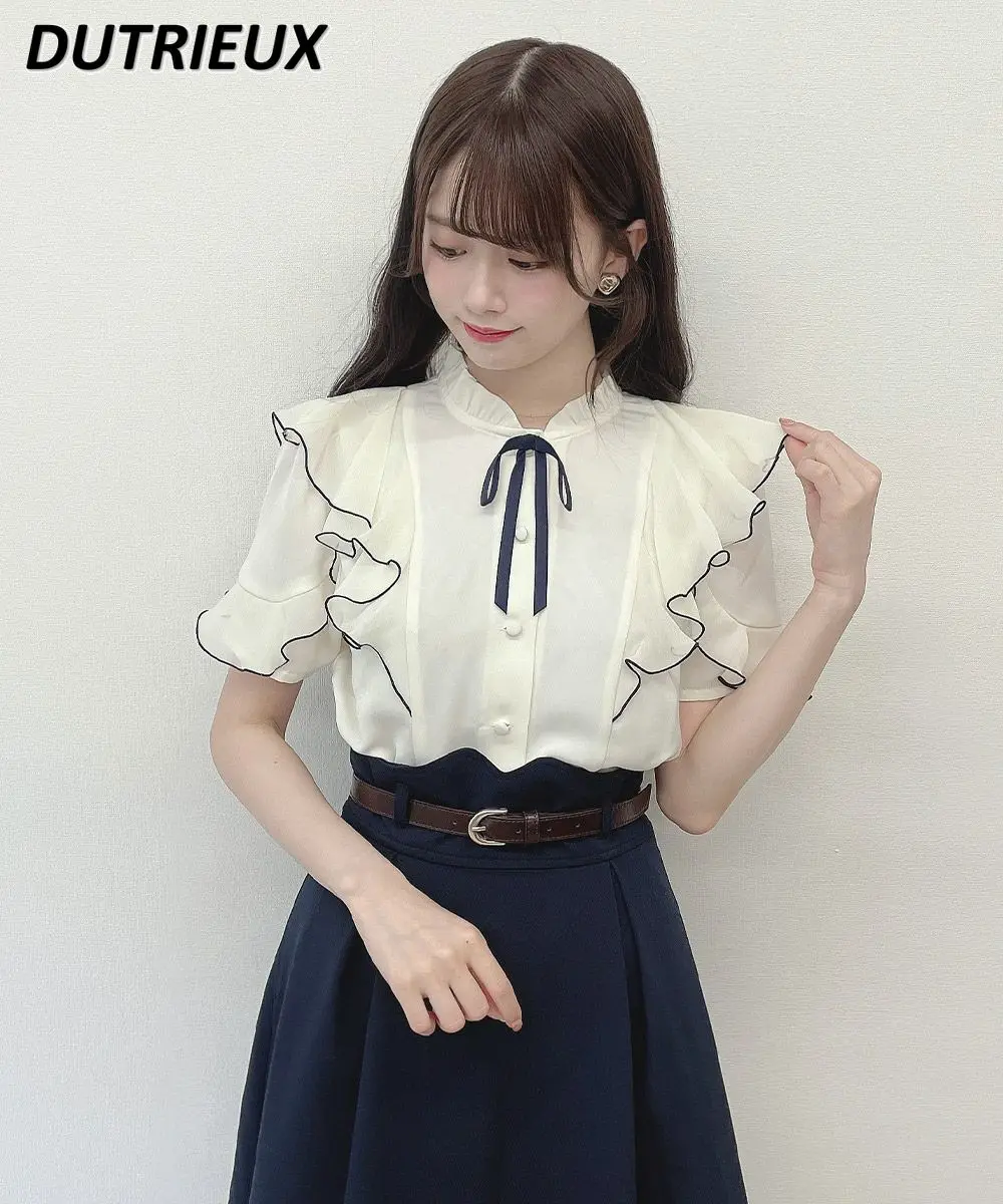 

Women's Blouse Summer New Sweet Short-Sleeved Top Ruffled Versatile Solid Color Stringy Selvedge Lace-up Bow Lady Casual Shirt