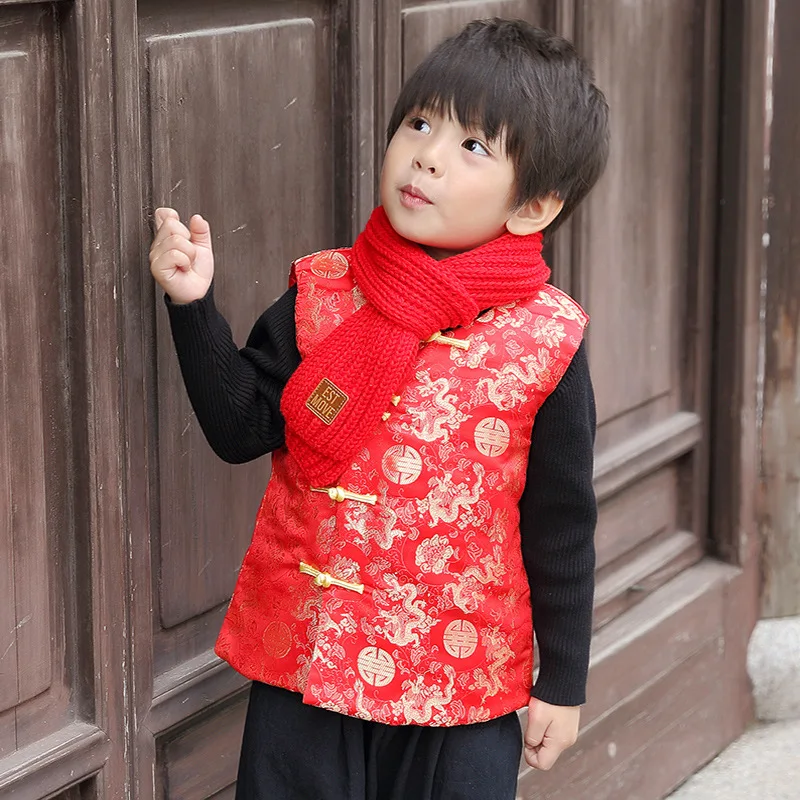 

Boys Retro Fashion Hanfu Vest Chinese Style Embroidery Tang Suit Kids Traditional Oriental Clothing New Year Warm Cute Waistcoat