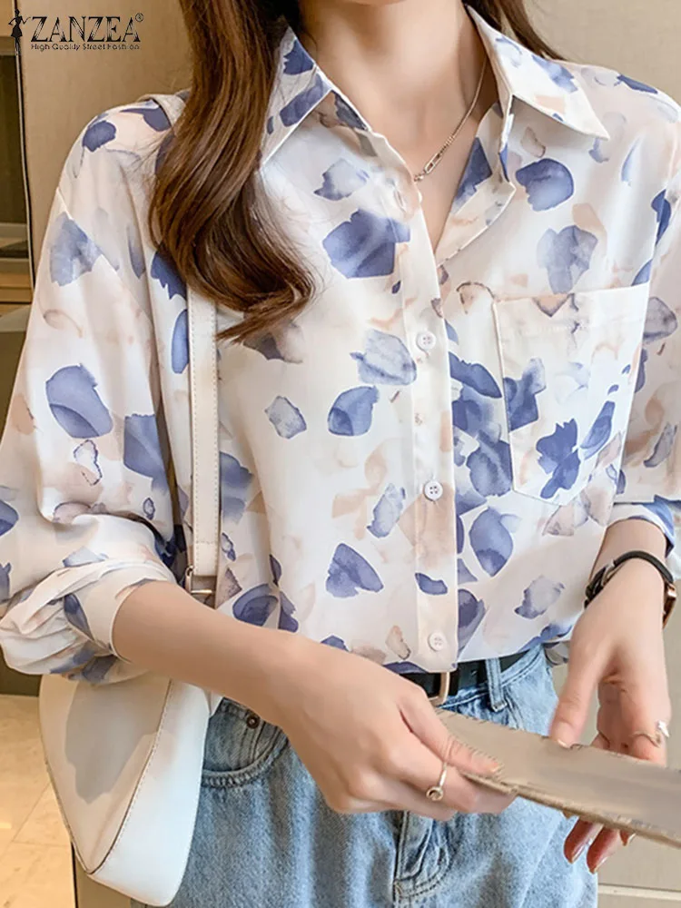 

ZANZEA Loose Casual Basic Tops Oversize Elegant Shirts Long Sleeve Autumn Blouses Lapel Collar Women Fashion Printing Chemise
