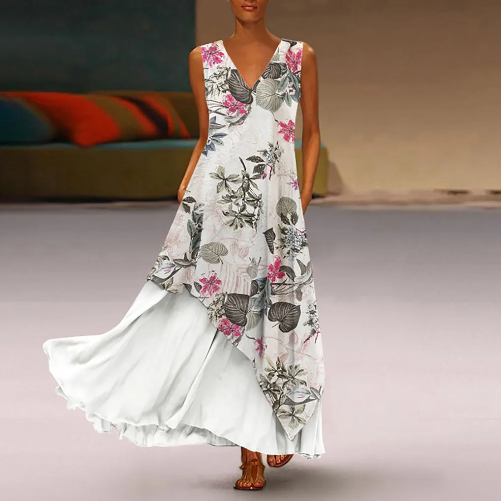 

Summer Women Sexy V-Neck Sleeveless Dress V Neck Sleeveless Floral Printed Maxi Dresses Splicing Vintage Evening Party Robe