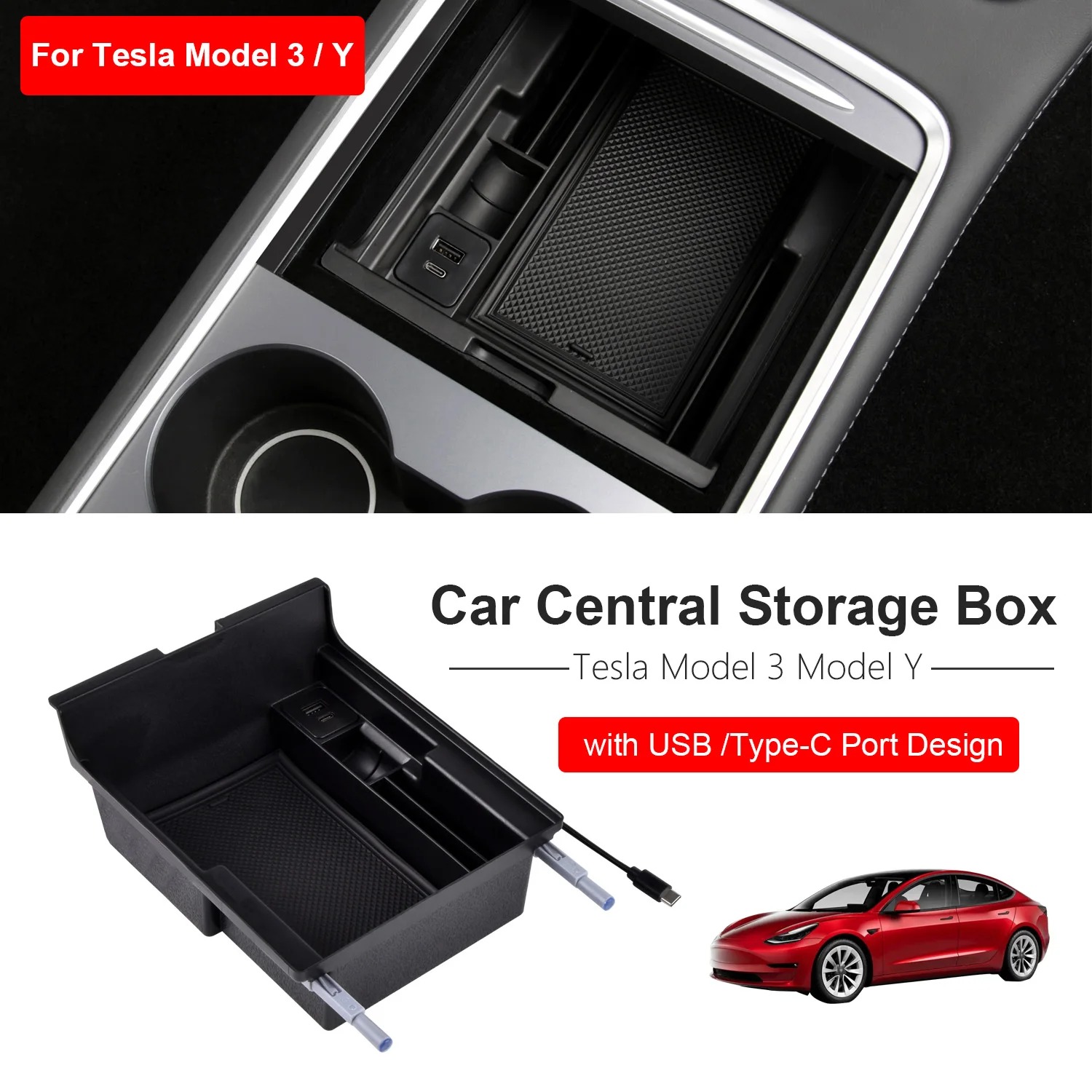 

For Tesla Model 3 Model Y 2021+ Car Central Storage Box with USB Type-C Port Design Armrest Center Console Box Auto Container