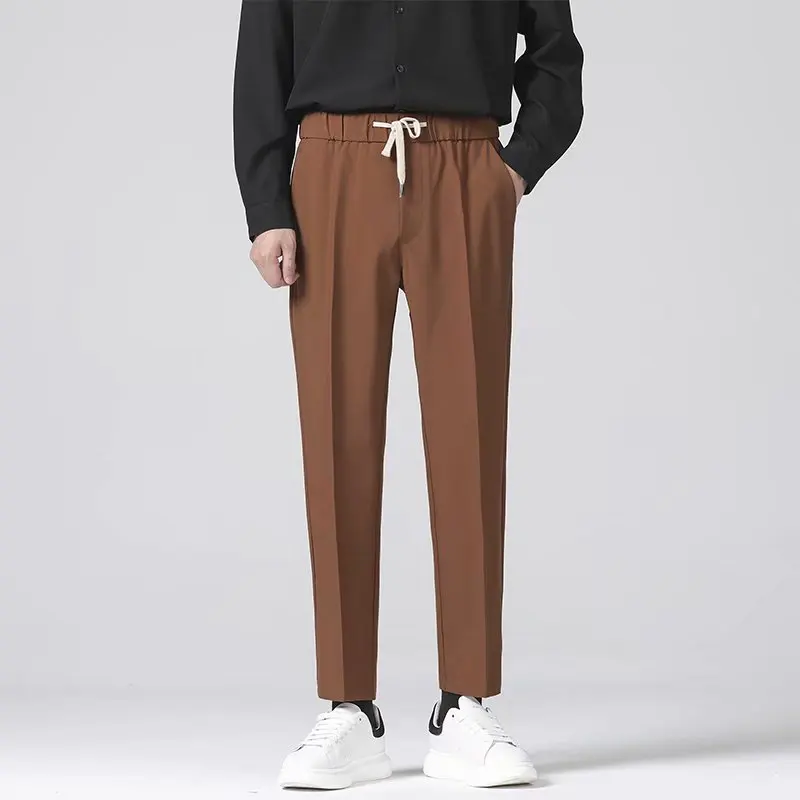 

Korean Autumn Brown Pants For Men Drawstring Elastic Waist Ankle Length Casual Business Male Nine Points Suit Blazers Trousers