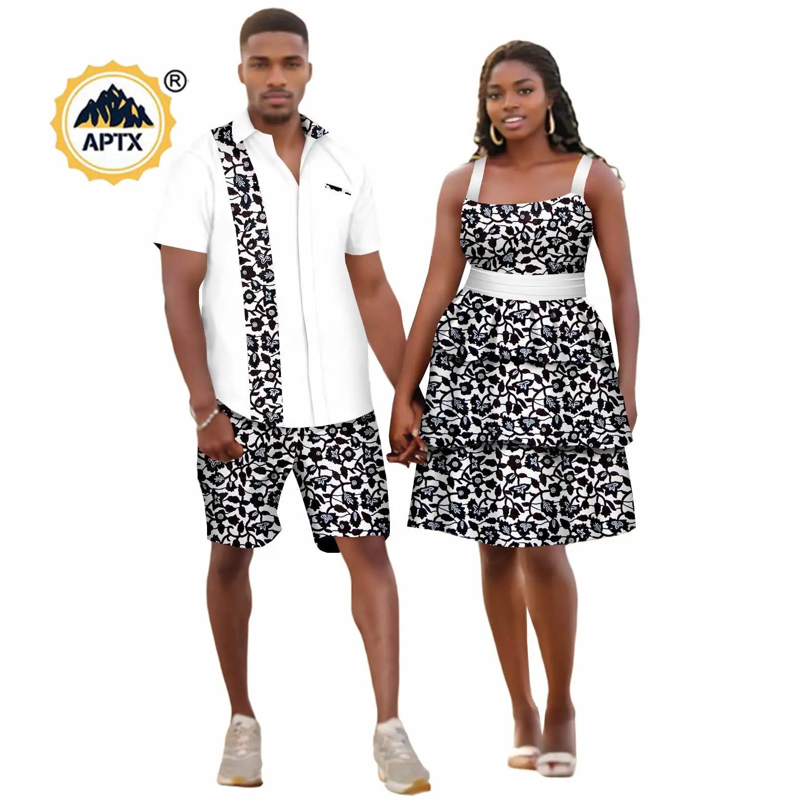 African Sexy Print Ruffles Dresses Matching Couple Outfits Bazin Dashiki Men Shirt Top and Pant Sets 24C071
