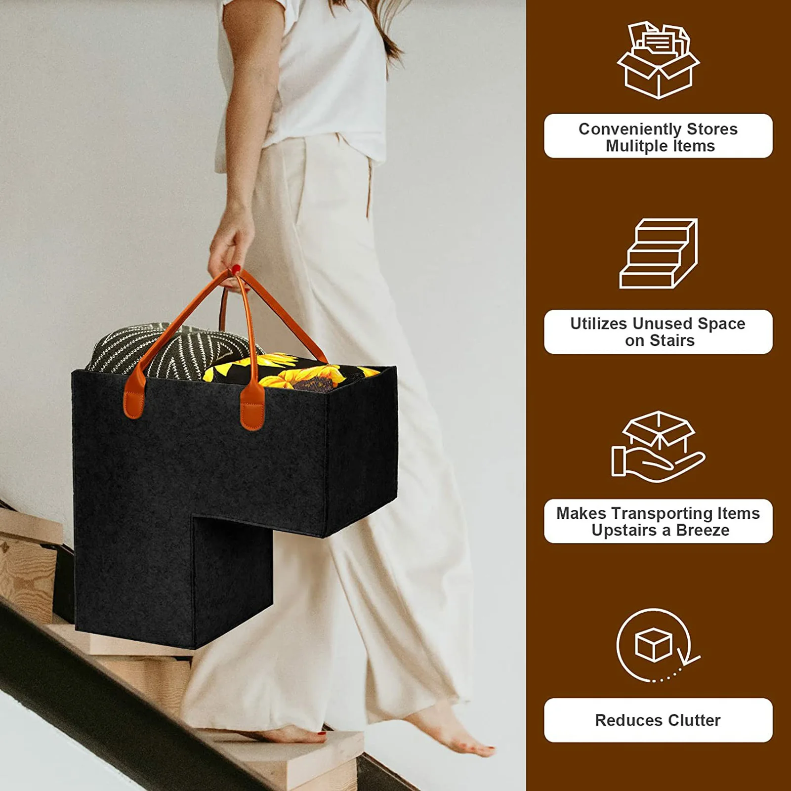 

Stair Basket With HandlesStaircase Basket With Handles Stairs Organizer With Leather Handles Foldable Storage Bins For Stairs