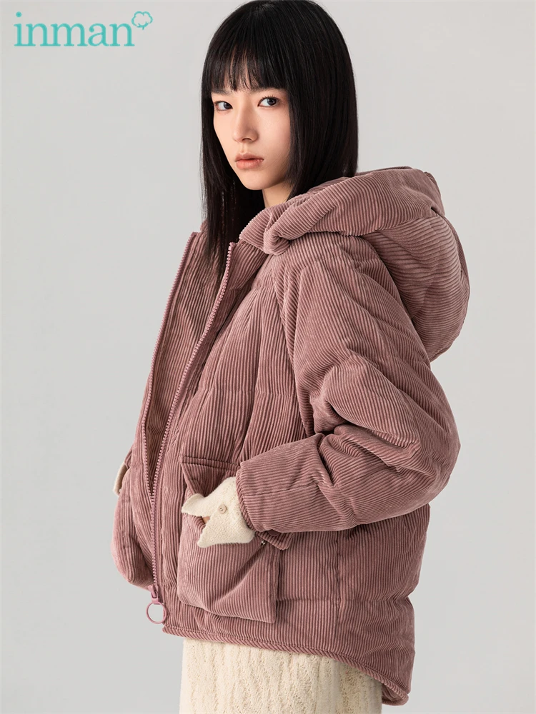 

INMAN Women's Winter Jacket Casual Sweet Pink Hooded Big Pocket Asymmetric Hem Warm Short Down Coat