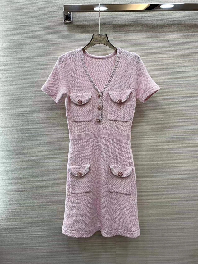 2023 new women fashion short sleeve v-neck pocket knitted skirt celebrity style lady dress 0402