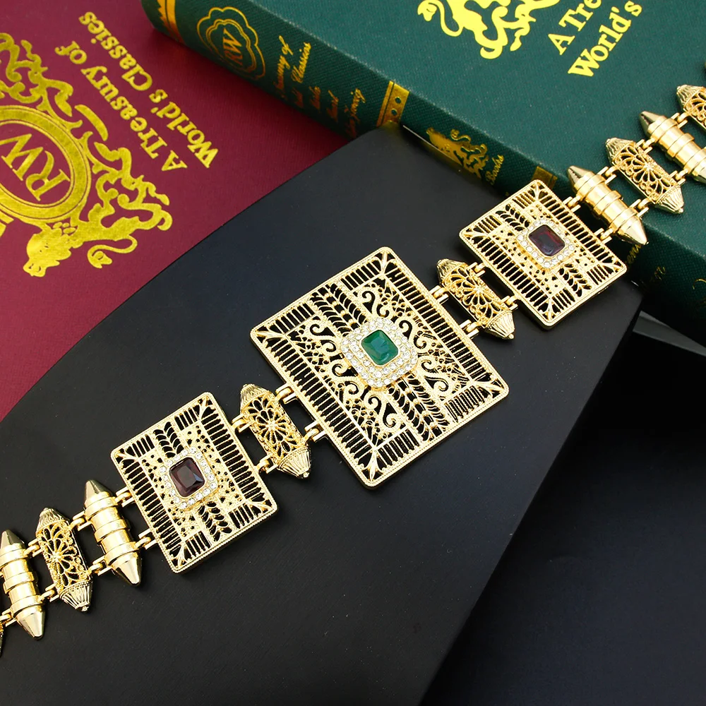 Sunspicems Elegent Moroccan Caftan Belt Square Crystal Waist Chain For Women Arab Abaya Bride Dress Metal Chain Belt Gold Color