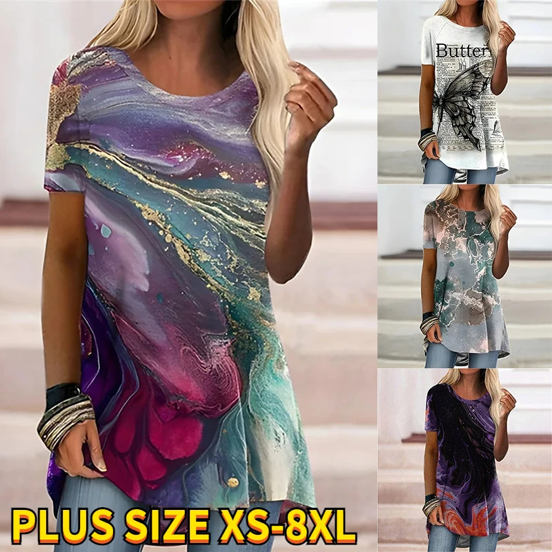 

2022 Summer Women's Abstract Cool Printed Short Sleeves Round Neck Female Casual Pullover Fashionable Tops Oversized T Shirts
