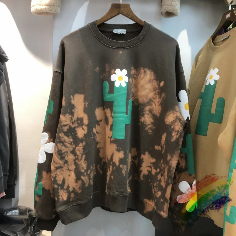 

Tie dye Foaming Printing Cactus Sweatshirts Men Women Old Wash Hoodies British Culture Crewneck