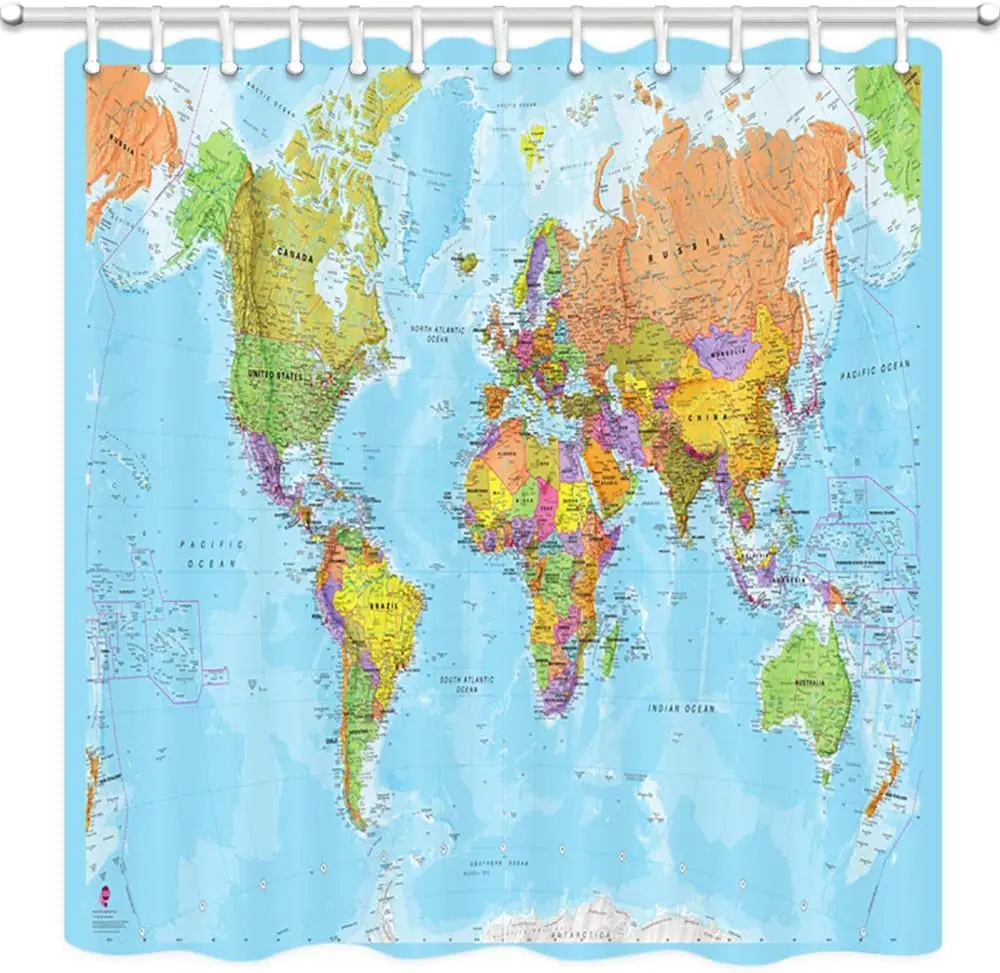 

World Map Shower Curtain Educational Geography Countries Capital Cities Bathroom Polyester Fabric Bath Curtains with Hooks