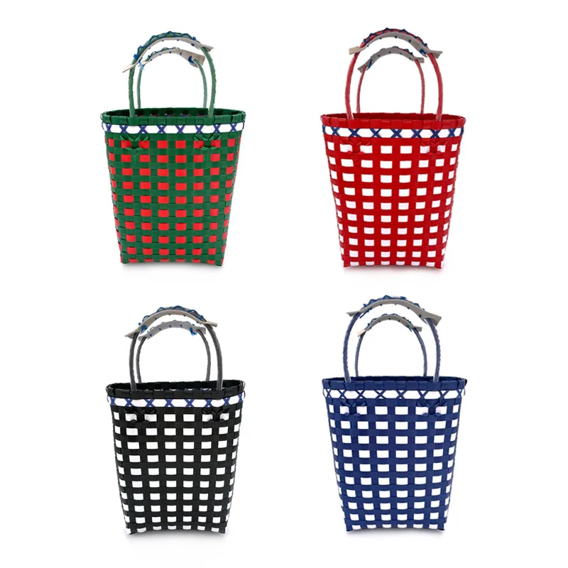 

Новая сумка-корзина для овощей в японском стиле, пластиковая плетеная Сумка для овощей, ручная пляжная сумка, разноцветная клетчатая корзина