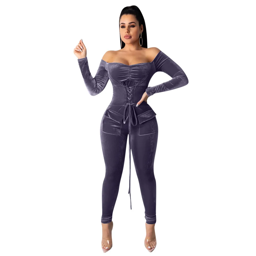 

Sexy Slash Neck Bodycon Women Jumpsuits Winter Autumn Sashes Romper Long Sleeve Bodysuit Pockets Glossy Bandage Belt Jumpsuit