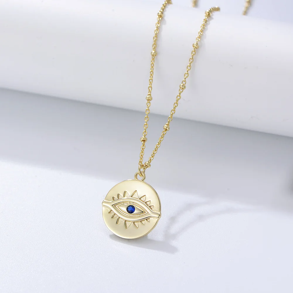 

S925 Sterling Silver Retro Gold-plated Devil's Eye Round Coin Women Necklace Euro American Ins Light Luxury Eye Collarbone Chain