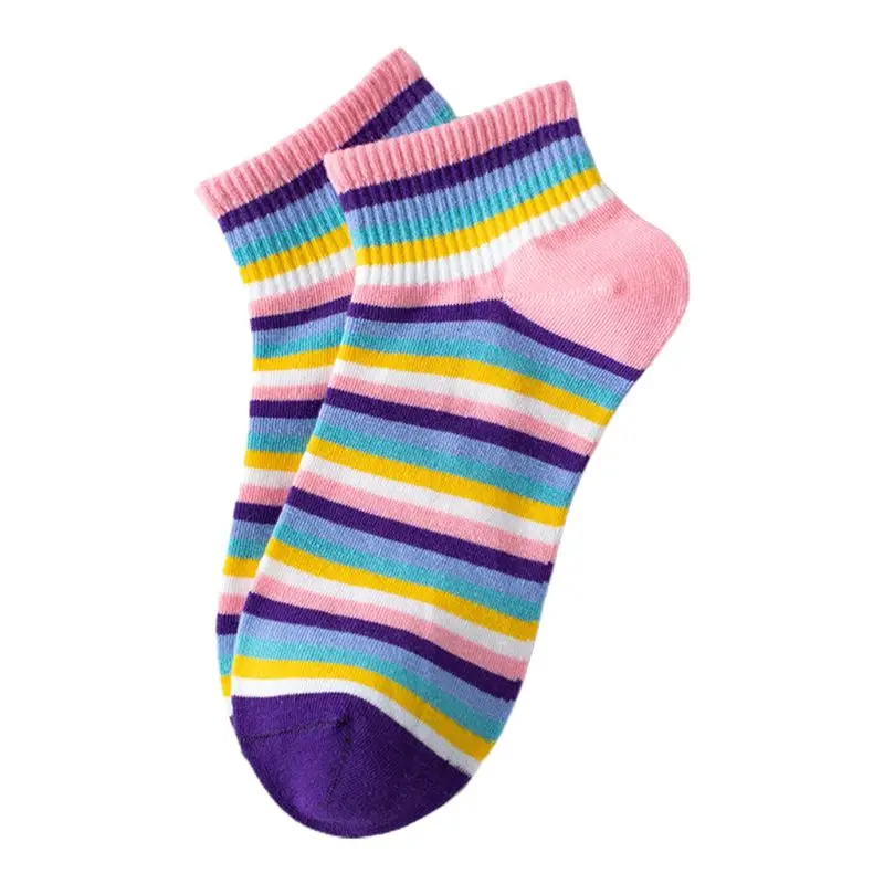 

Japanese Harajuku Women Rainbow Stripes Ankle Socks College Style Cute Peach Strawberry Fruit Print Short Cotton White Hosiery