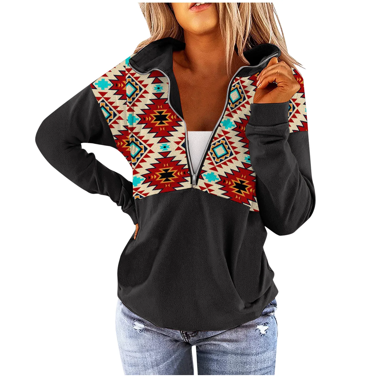 

Pullover Sweatshirt Collar Women's Zipper Pocket Long Sweatshirt Sleeve Cow Tops Printed Hoodie Autumn Winter Female Hoodies