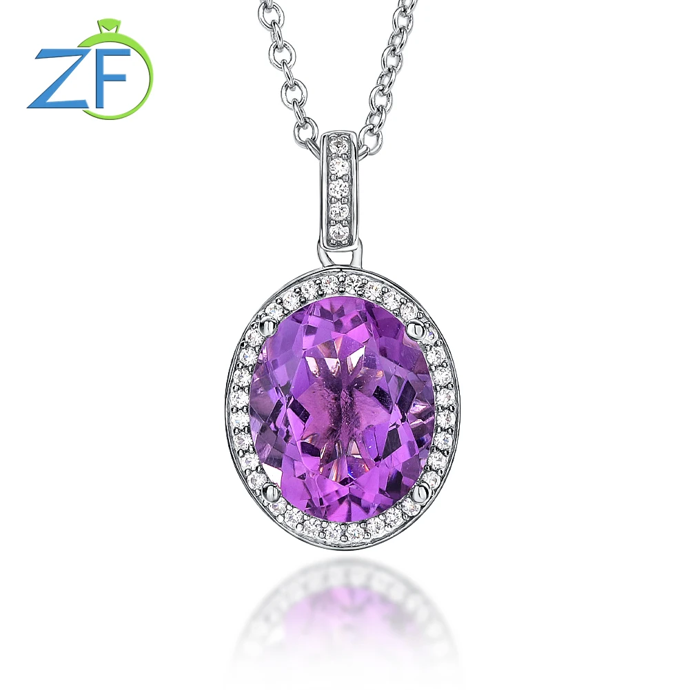 

GZ ZONGFA Pure 925 Sterling Silver Pendant for Women Oval Natural Amethyst 5Carats Gemstone Cross Chain Necklace Fine Jewelry