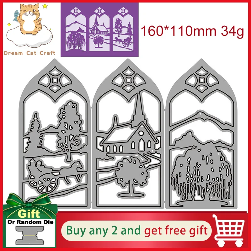 

Metal Cutting Dies 2022 Stencils Three Scenes Farm Charming Church Cut Die Mold Card Paper Craft Knife Mould Blade Punch Stencil