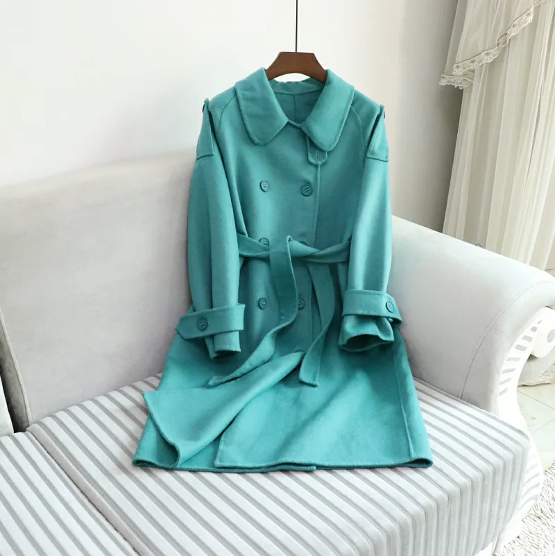 Popodion Double-sided Wool Coat Mid-length Loose Casual Solid Color Woolen Green Coat ROM80337 enlarge