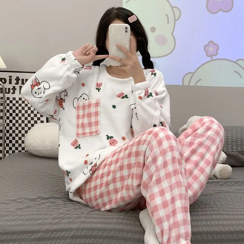Winter Women's Flannel Pajama Suit Warm Thickening Oversize Korean Fashion Sleep Top Loose Plush for Warmth