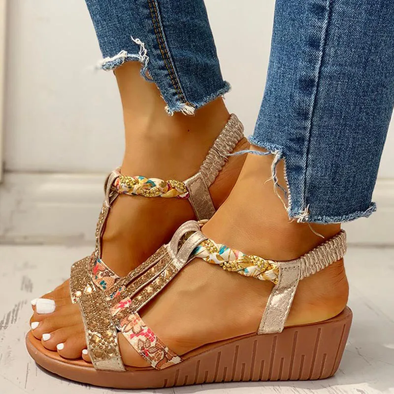 

2022 Women's Sandals Summer Bohemia Platform Wedges Shoes Crystal Gladiator Rome Woman Beach Shoes Casual Elastic Band Female