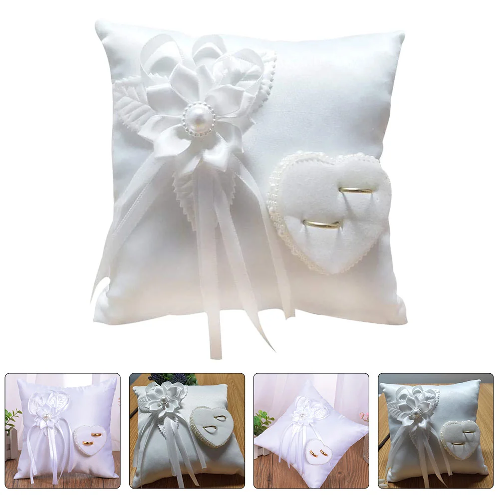 

Ring Pillow Wedding Bearer Cushion Holder Lace Bridal Pillows Box White Ceremony Pearl Flower Satin Marriage Jewelry Engagement