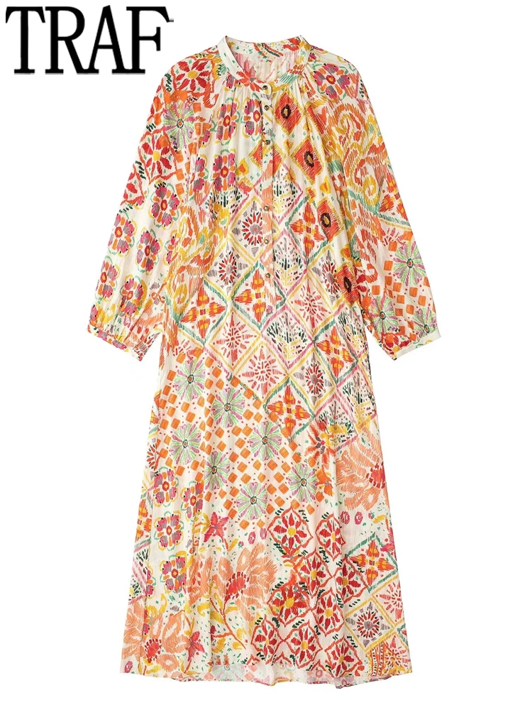 

Платье-миди женское пляжное с длинным рукавом-фонариком и принтом