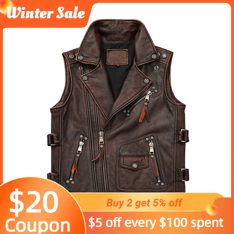 

Vintage Red Brown Men's Spring Vest Motorcycle Style Plus Size 5XL Natural Cowhide Autumn Slim Fit Short Genuine Leather Coats