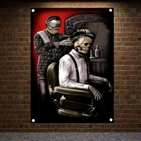 skeleton barber banners skull tattoo art flag canvas painting barber shop wall decor scary bloody posters tapestry wall hanging