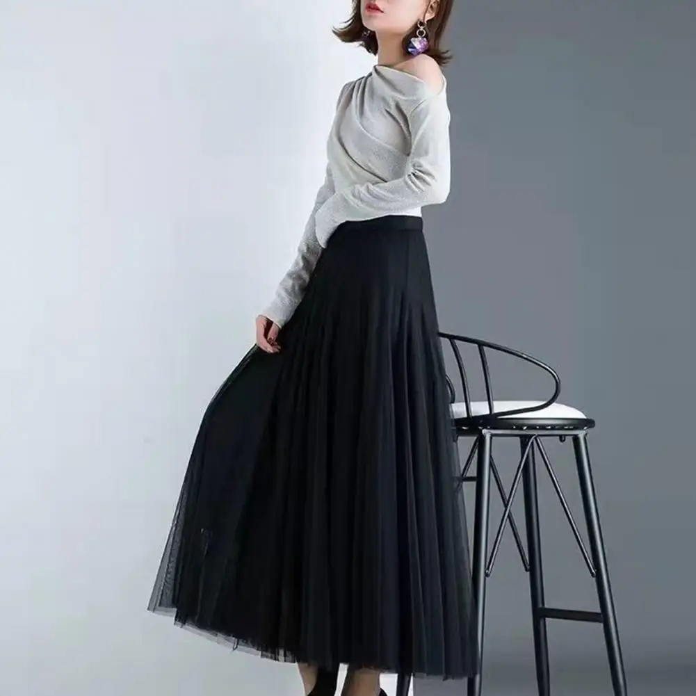 

Women Mesh Skirt Highly Elasticity High Waist Drapability Loose Large Hem Casual A-line Pleated Maxi Skirt for Winter Clothing