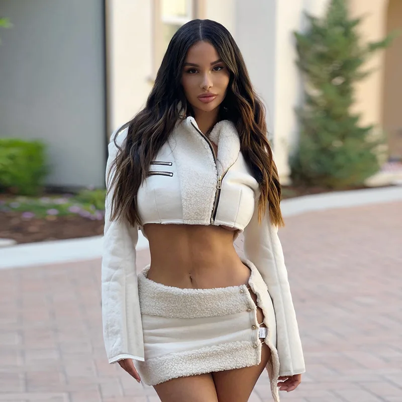 

Ins 2022 Spring Fall Fashion Solid Two Piece Skirts Sets Casual Women's Outfits Slit Skirts And Long Sleeves strap Set Clothes