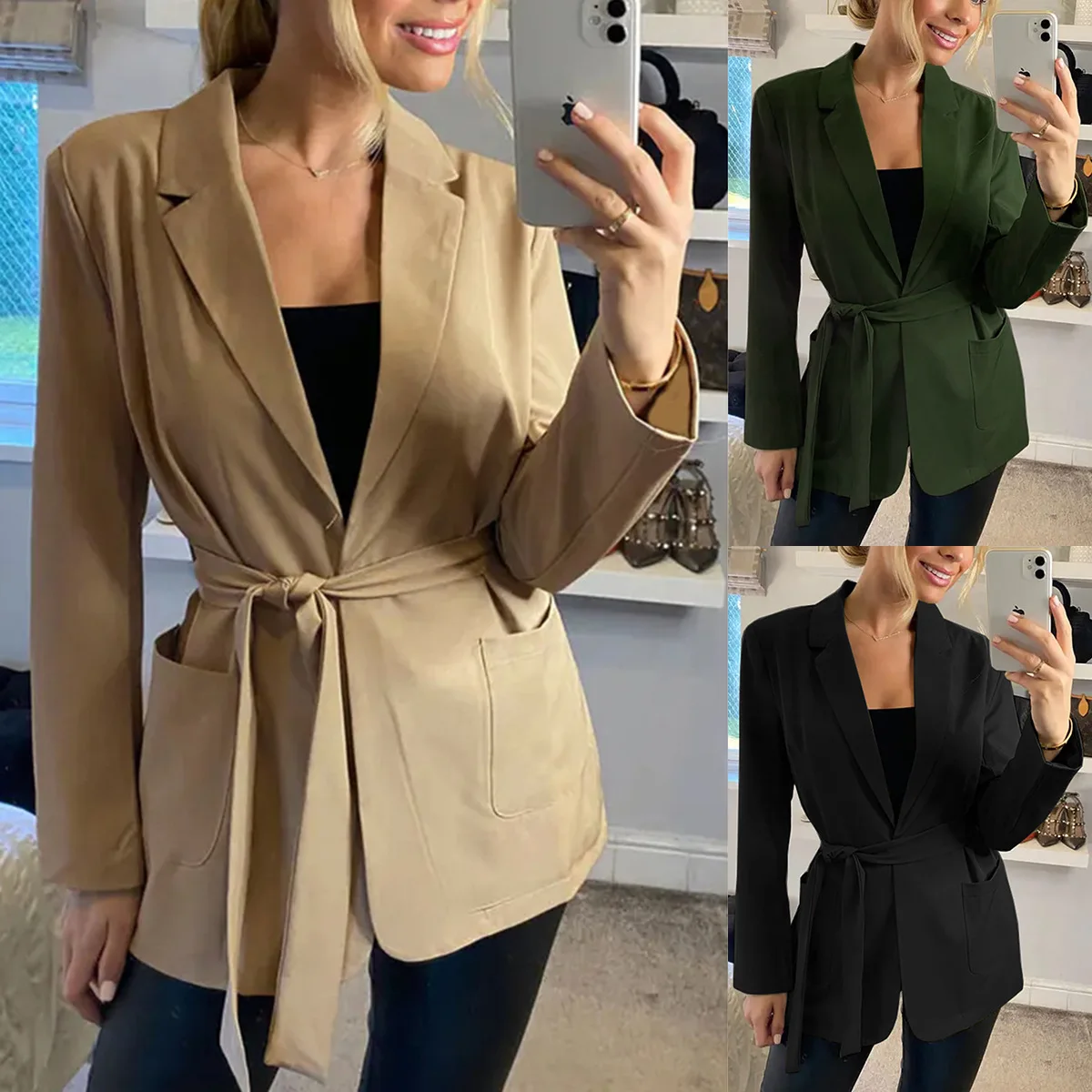 

2022 Spring New Solid Color Double Pocket Blazer Top Long Sleeve Lace Up Women's Commuter Daily Women's Clothing