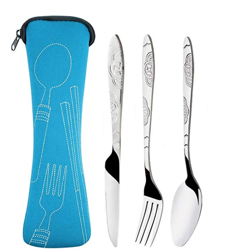 

3Pcs Dinnerware Portable Printed Steel Spoon Fork Steak Knife Set Travel Cutlery Tableware with Bag
