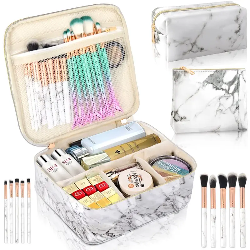 

3Pcs Makeup Bags for Women, Travel Makeup Bag, Large Cosmetic Bag, Marble Makeup Bag with 10 Pcs Brushes, Makeup Case Organizer