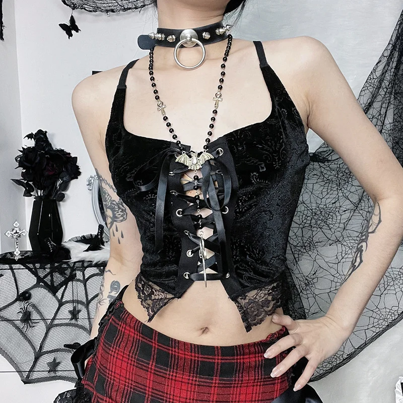

2022 Модный женский топ Goth Острый дизайн чувственный ремешок тонкий облегающий Корейский Бархатный рельефный Готический стиль женский топ на бретелях