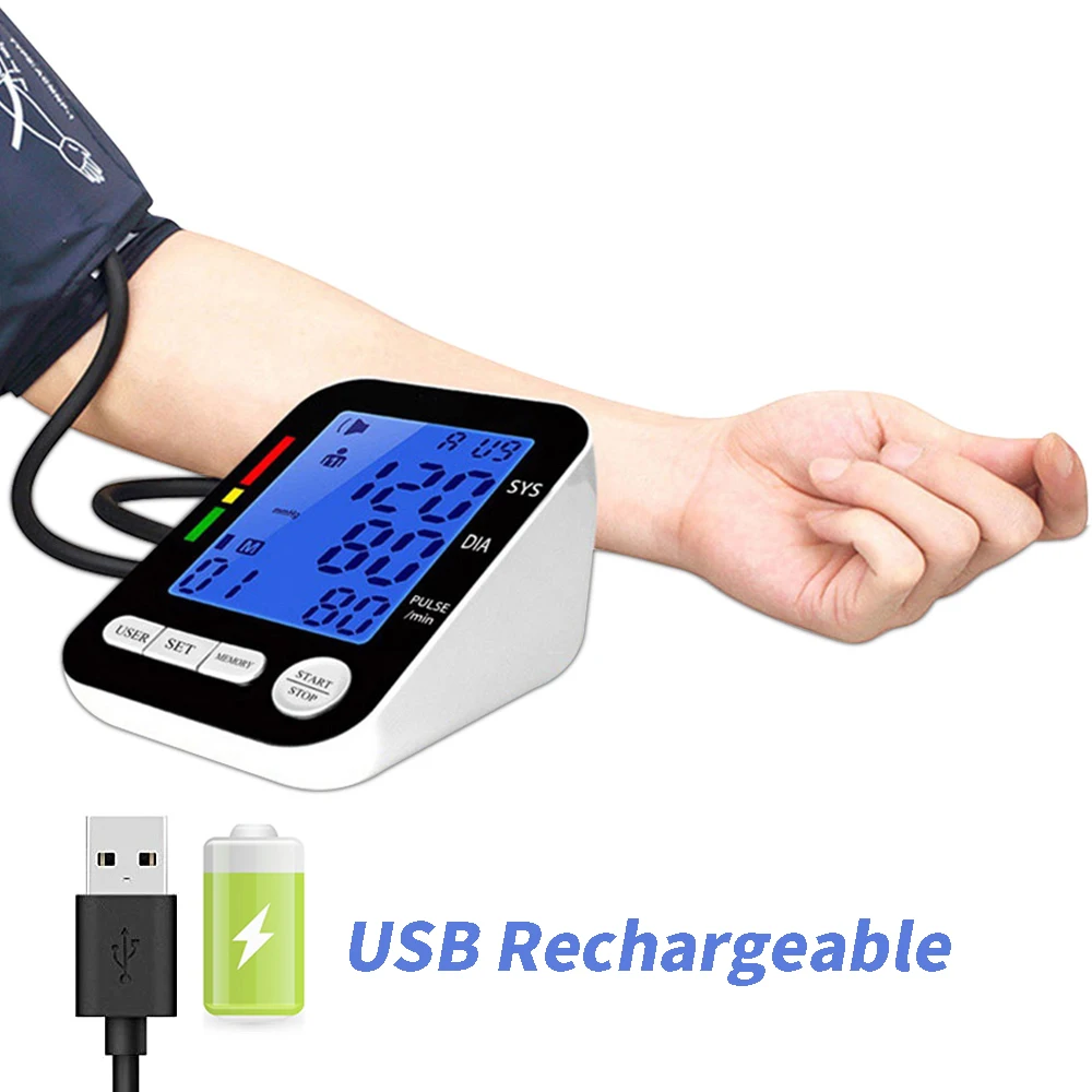 USB Rechargeable Arm Blood Pressure Monitor Digital Sphygmomanometer LCD Blood Pressure Meter Irregular Heart Beat Detection