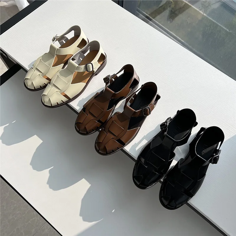 women sandals Hereu Summer Mary Jane Closed Toe Sandals Women's Woven round Toe Genuine Leather Bag Heel Buckle Flat Roman Shoes