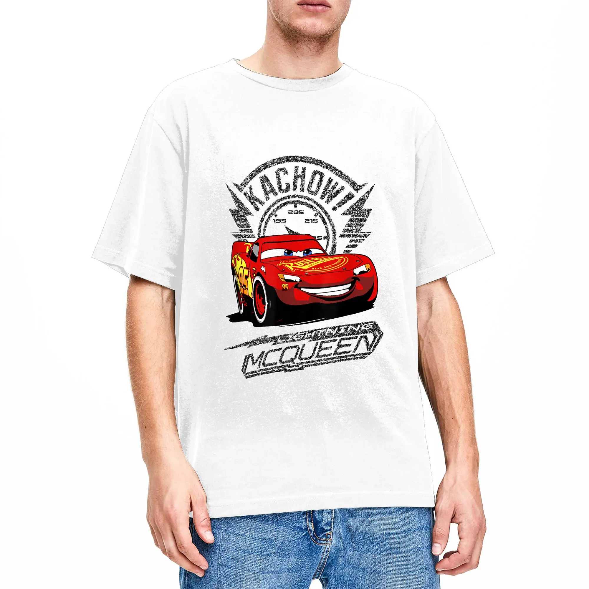 Фото Мужские футболки Cars Lightning McQueen Kachow, хлопковая одежда, футболка с короткими рукавами и круглым вырезом, летняя футболка №1