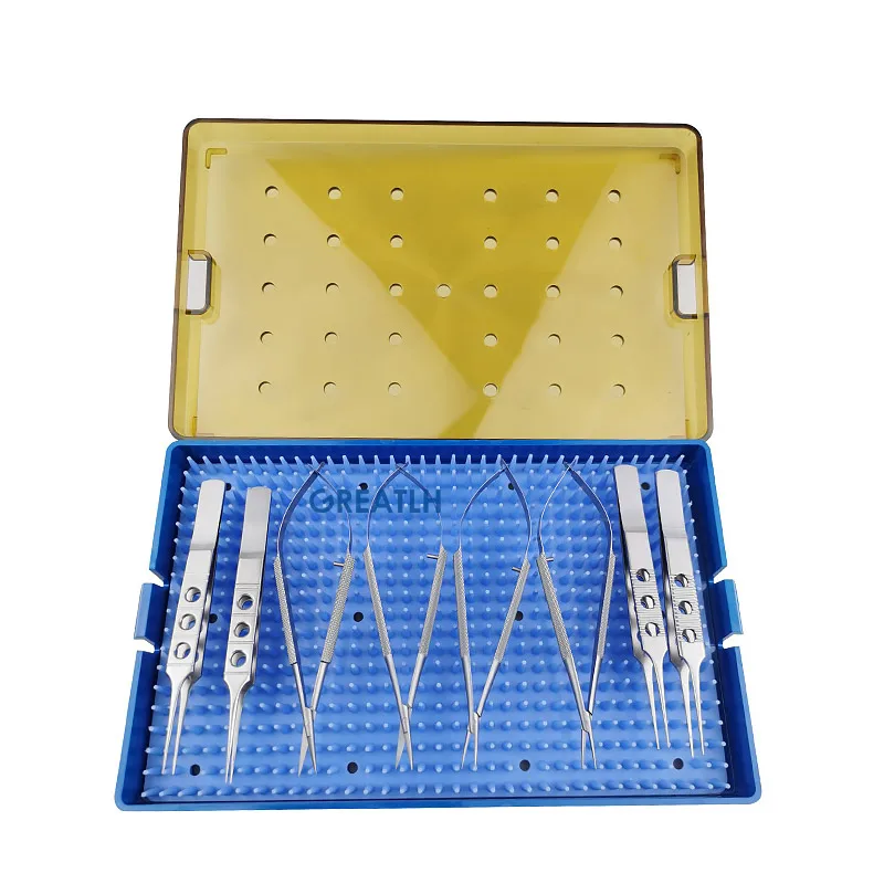 

8pcs/set Stainless Steel Needle Holder Forceps Scissors Alumnium Alloy/silicone Sterilization Tray Case Ophthalmic Instrument