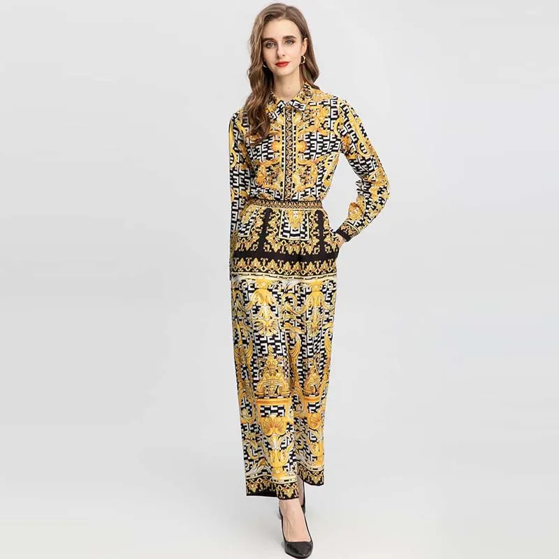

Janeyiren fashion catwalk Autumn/Winter Pantsuit ladies lapel vintage printed shirt + high waist pants 2 piece set