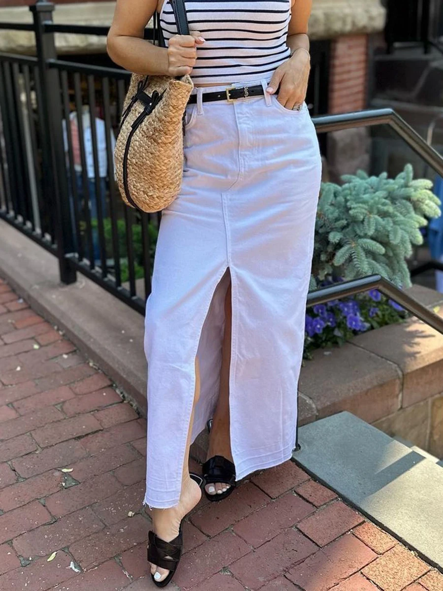 

Summer Fashion White Slit Denim Midi Skirt High Waist Streetwear Straight Long Dresses American Vintage Chic Faldas 2023 Summer