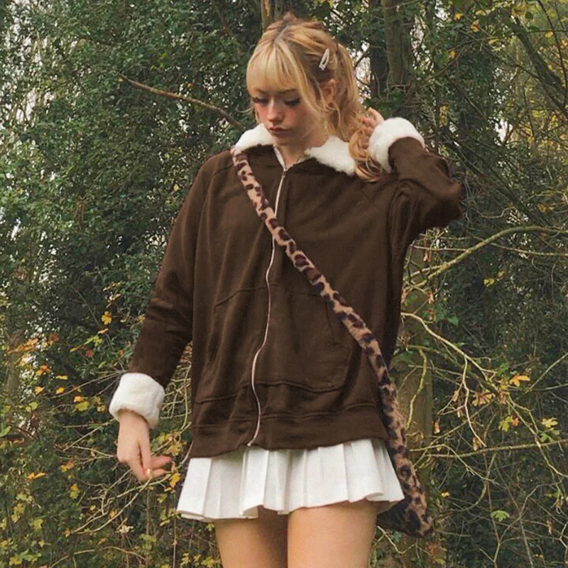 

Y2k Fur Jackets Loose Brown Grunge Fairycore Coat Turn Down Collar Zipper Sweatshirts Women Outerwear 90s Winter Clothes Women