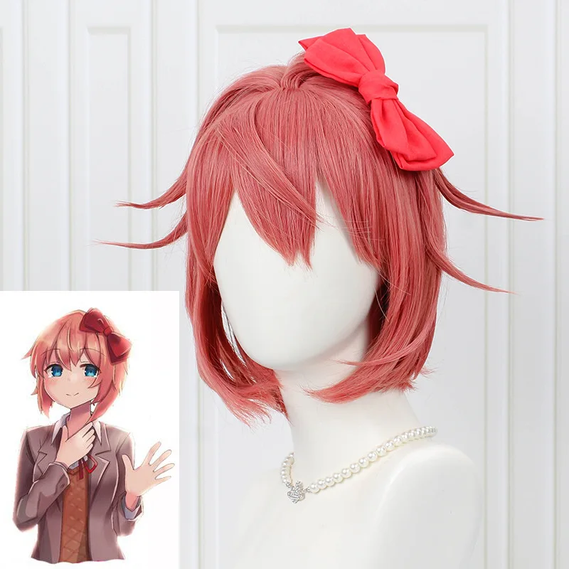 Фото Женский парик для косплея Doki Literature Club Sayori, розовые короткие термостойкие синтетические волосы, парик с шапочкой и бантом №1