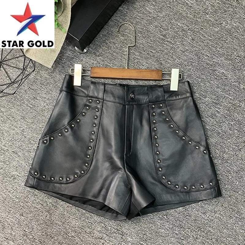 Women Rivets Street Real Leather Sheepskin A-Line Casual Wide Leg Shorts Designer Office Lady Black Hot Trousers M-3XL